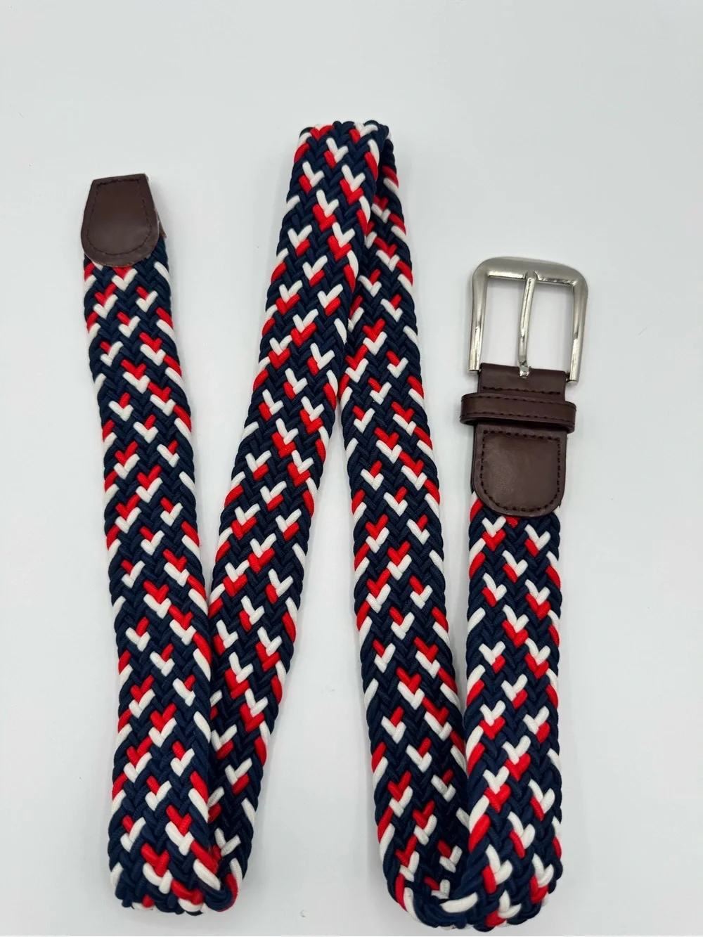Vintage Braided Stretch Belt Navy Red White Brown Leather Trim Preppy Nautical